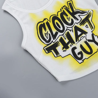 Ribbed round neck letter print contrast crop top