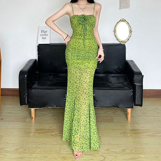 Square neck flower applique ruched print cami maxi dress