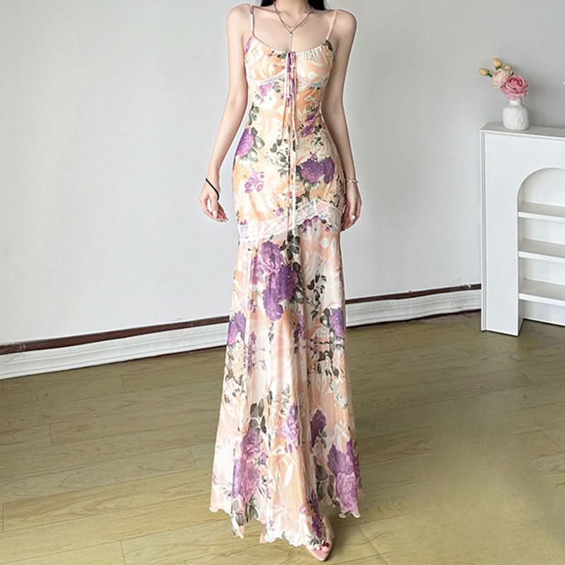 U neck flower print lace hem cami maxi dress