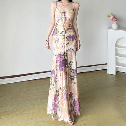U neck flower print lace hem cami maxi dress