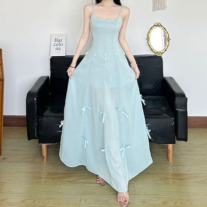 Bowknot mesh zip-up u neck cami maxi dress