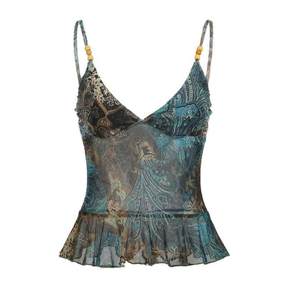 Ruffle v neck print beaded mesh cami top
