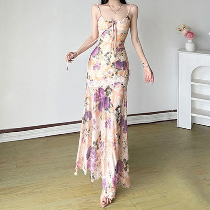 U neck flower print lace hem cami maxi dress