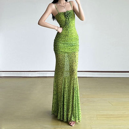 Square neck flower applique ruched print cami maxi dress