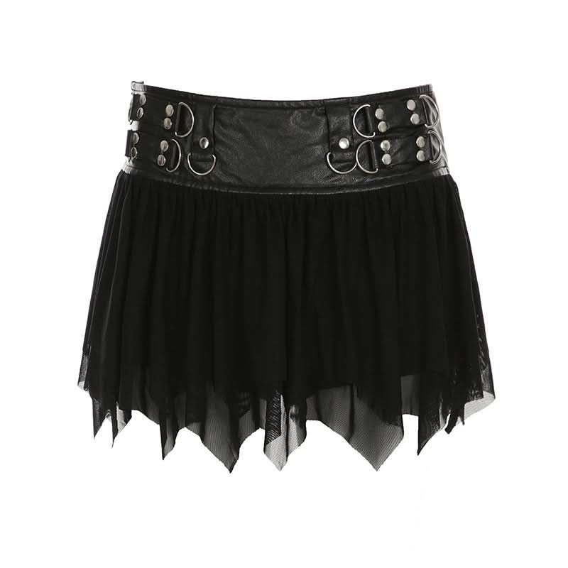 Zip-up PU leather ruched A line mesh mini skirt