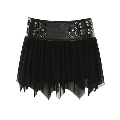 Zip-up PU leather ruched A line mesh mini skirt