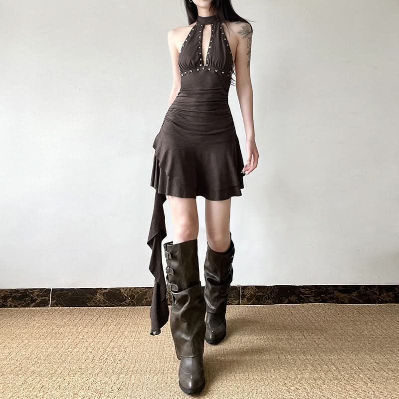 Hollow out ruched halter self tie cut out mini dress