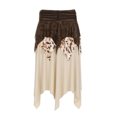 Leopard print ruched mesh irregular mini skirt