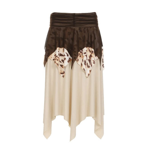 Leopard print ruched mesh irregular mini skirt