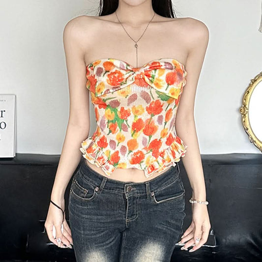 Bowknot ruched glitter flower print tube top