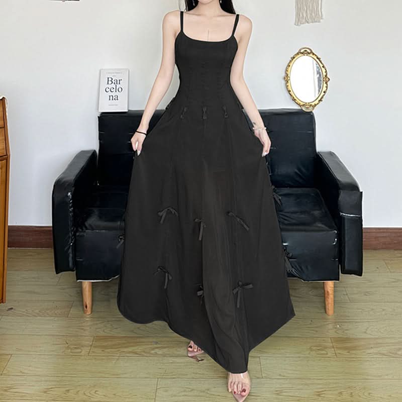 Bowknot mesh zip-up u neck cami maxi dress