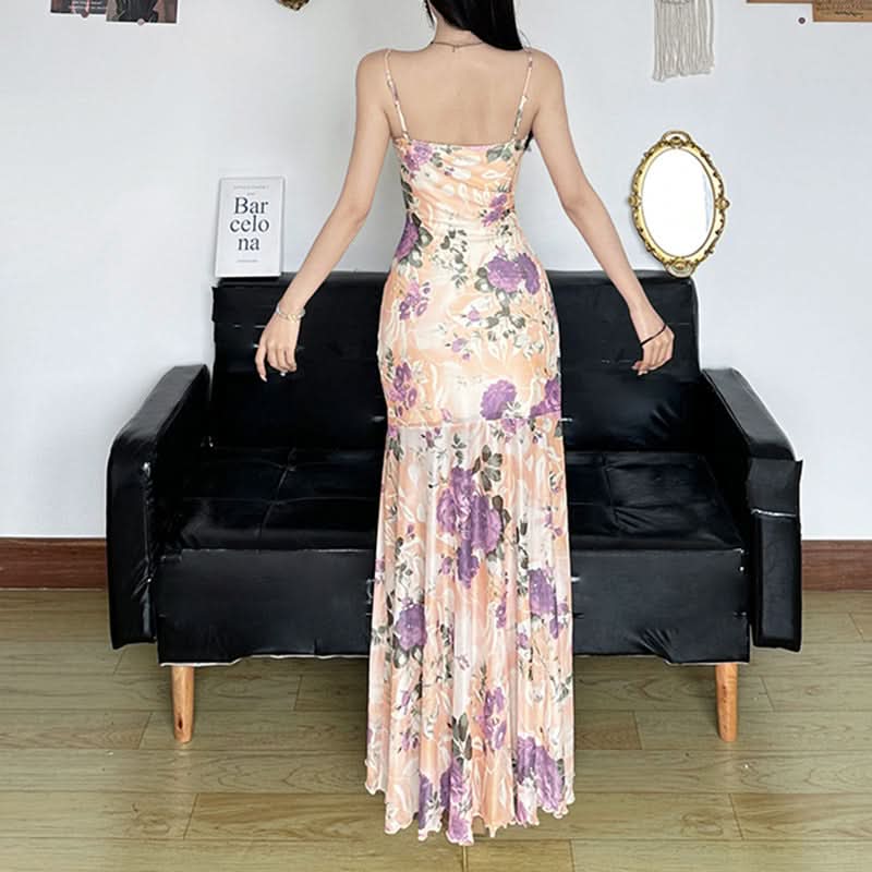 U neck flower print lace hem cami maxi dress