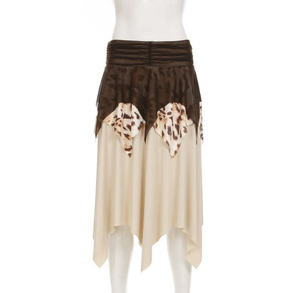 Leopard print ruched mesh irregular mini skirt