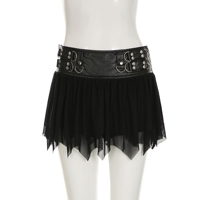 Zip-up PU leather ruched A line mesh mini skirt