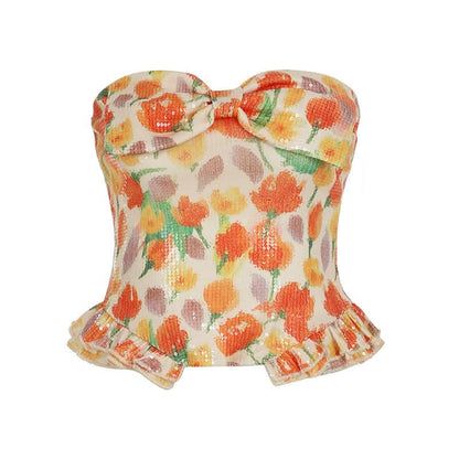 Bowknot ruched glitter flower print tube top