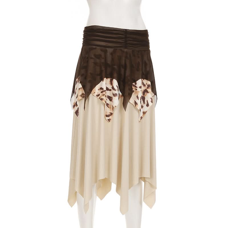 Leopard print ruched mesh irregular mini skirt