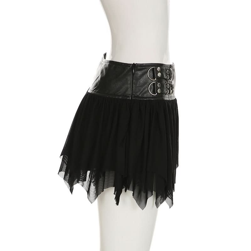 Zip-up PU leather ruched A line mesh mini skirt