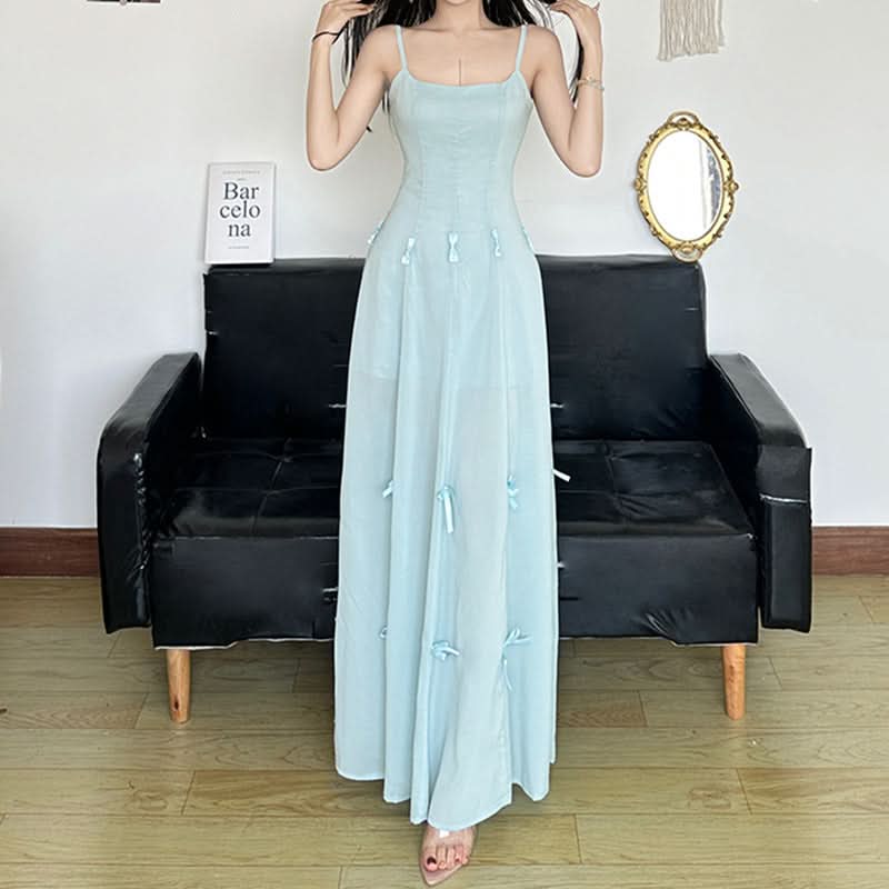 Bowknot mesh zip-up u neck cami maxi dress