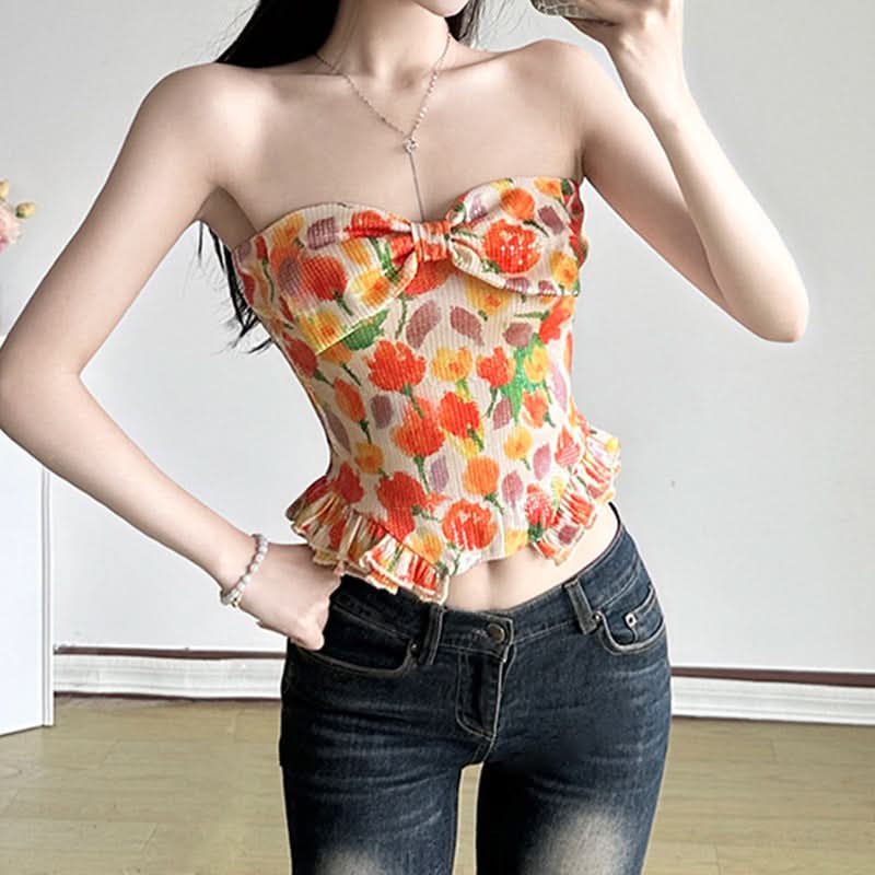 Bowknot ruched glitter flower print tube top