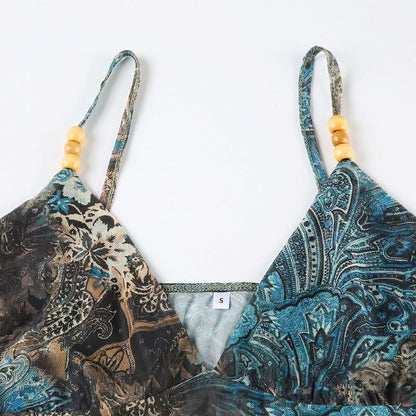 Ruffle v neck print beaded mesh cami top