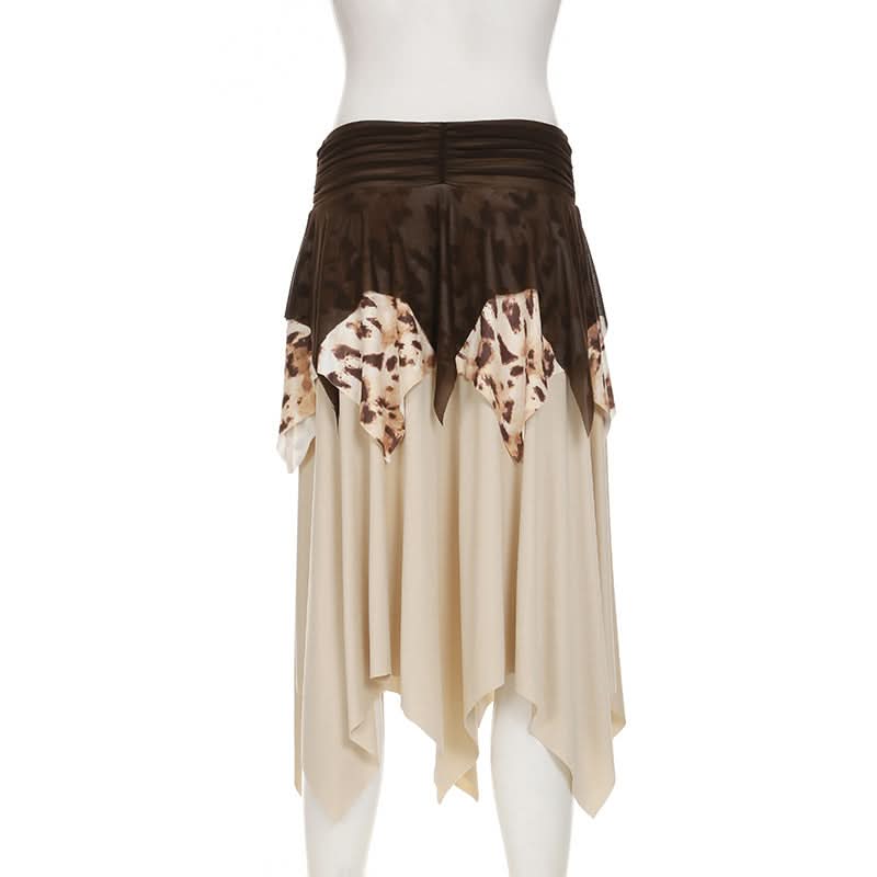Leopard print ruched mesh irregular mini skirt