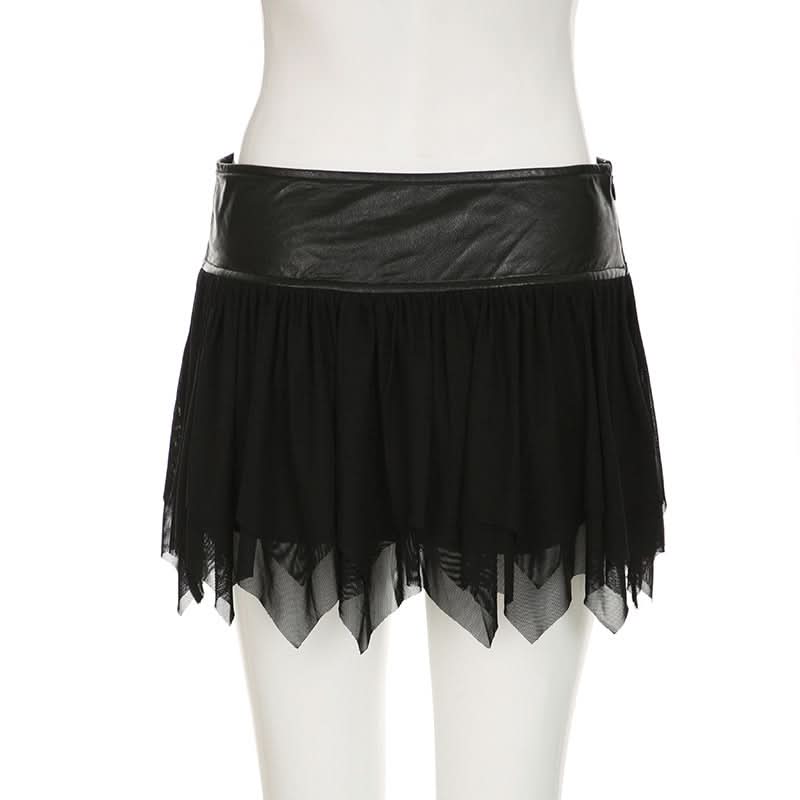 Zip-up PU leather ruched A line mesh mini skirt