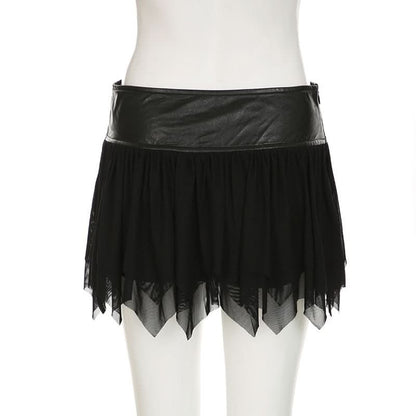 Zip-up PU leather ruched A line mesh mini skirt