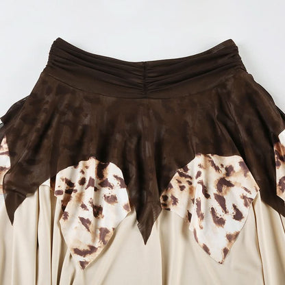 Leopard print ruched mesh irregular mini skirt