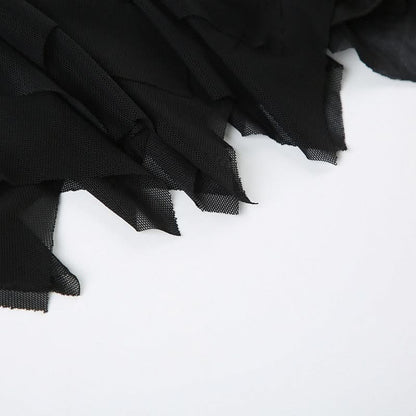 Zip-up PU leather ruched A line mesh mini skirt