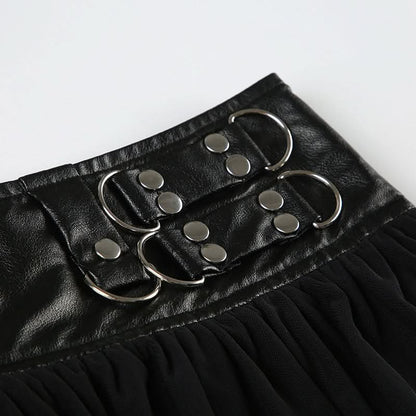 Zip-up PU leather ruched A line mesh mini skirt
