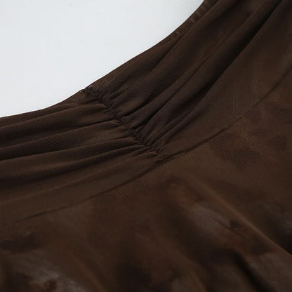 Leopard print ruched mesh irregular mini skirt