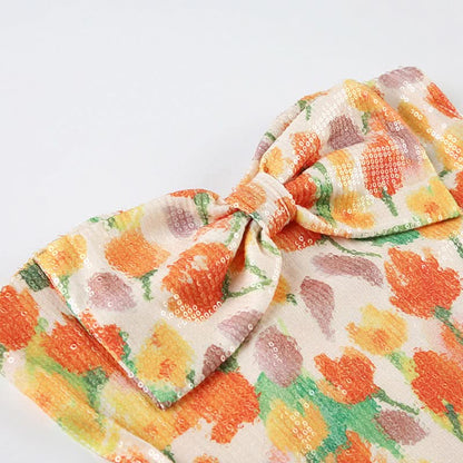 Bowknot ruched glitter flower print tube top