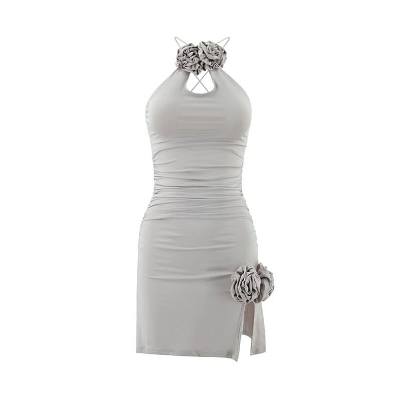 Ruched slit flower applique backless mini dress