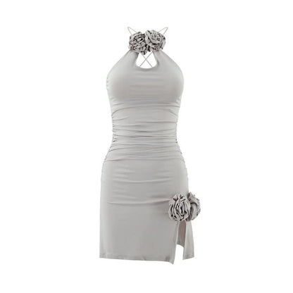 Ruched slit flower applique backless mini dress