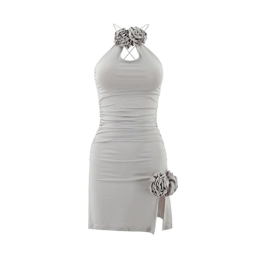 Ruched slit flower applique backless mini dress