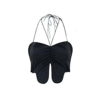 Halter self tie ruched slit backless top