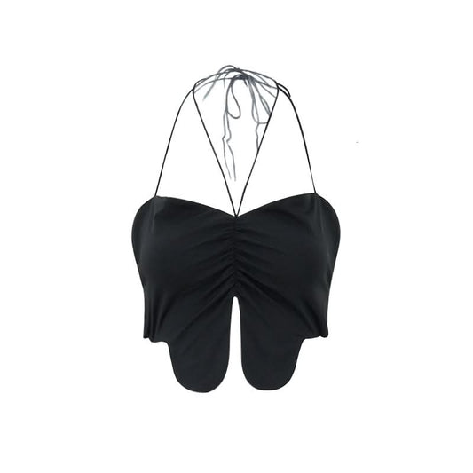 Halter self tie ruched slit backless top