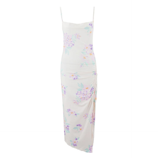 Ruched drawstring slit print cami midi dress
