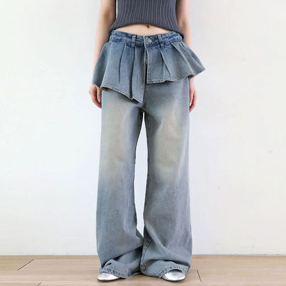 Irregular pleated button contrast jeans