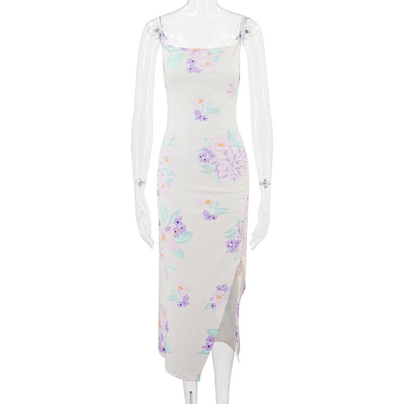 Ruched drawstring slit print cami midi dress