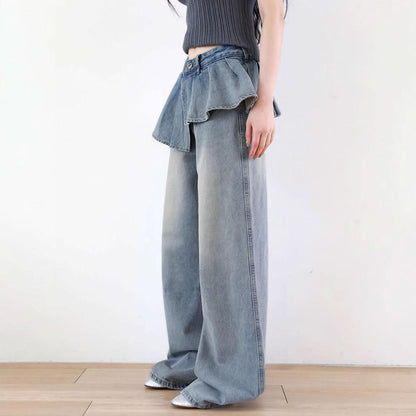 Irregular pleated button contrast jeans
