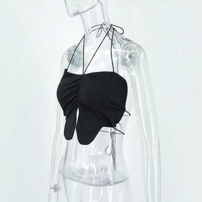 Halter self tie ruched slit backless top