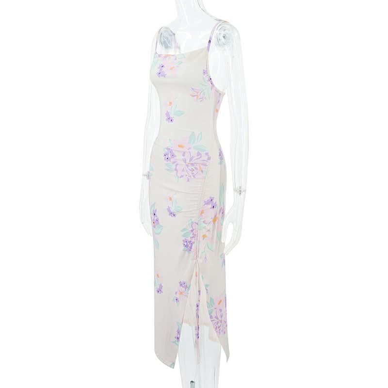 Ruched drawstring slit print cami midi dress