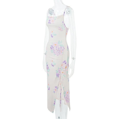 Ruched drawstring slit print cami midi dress