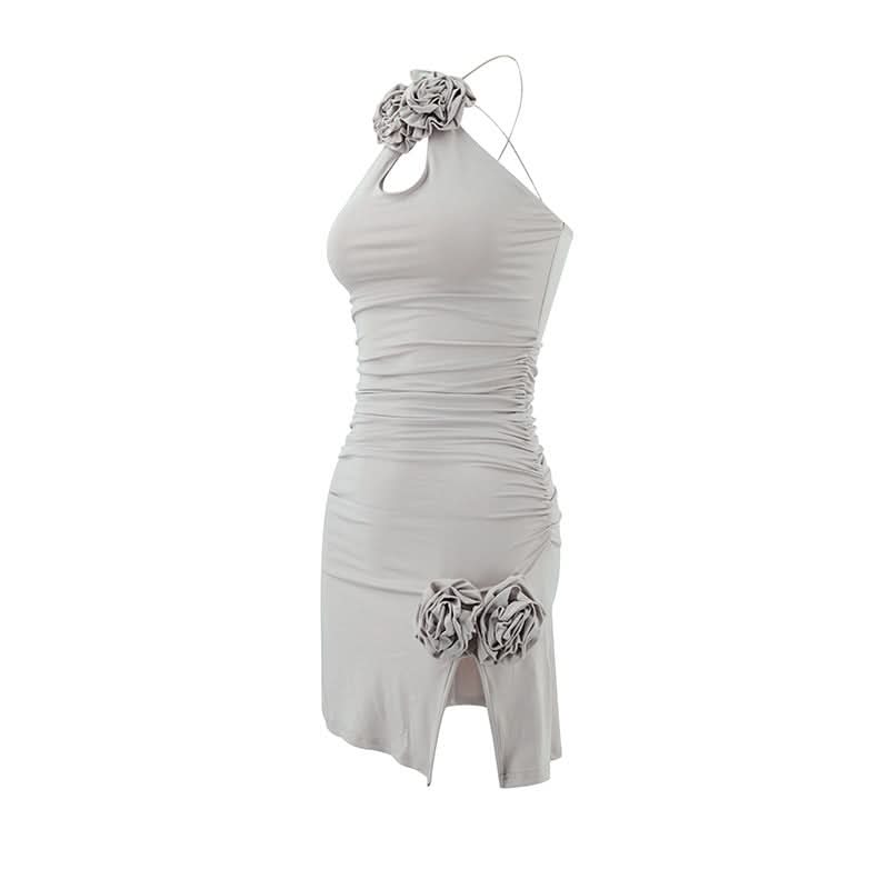 Ruched slit flower applique backless mini dress