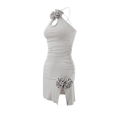 Ruched slit flower applique backless mini dress