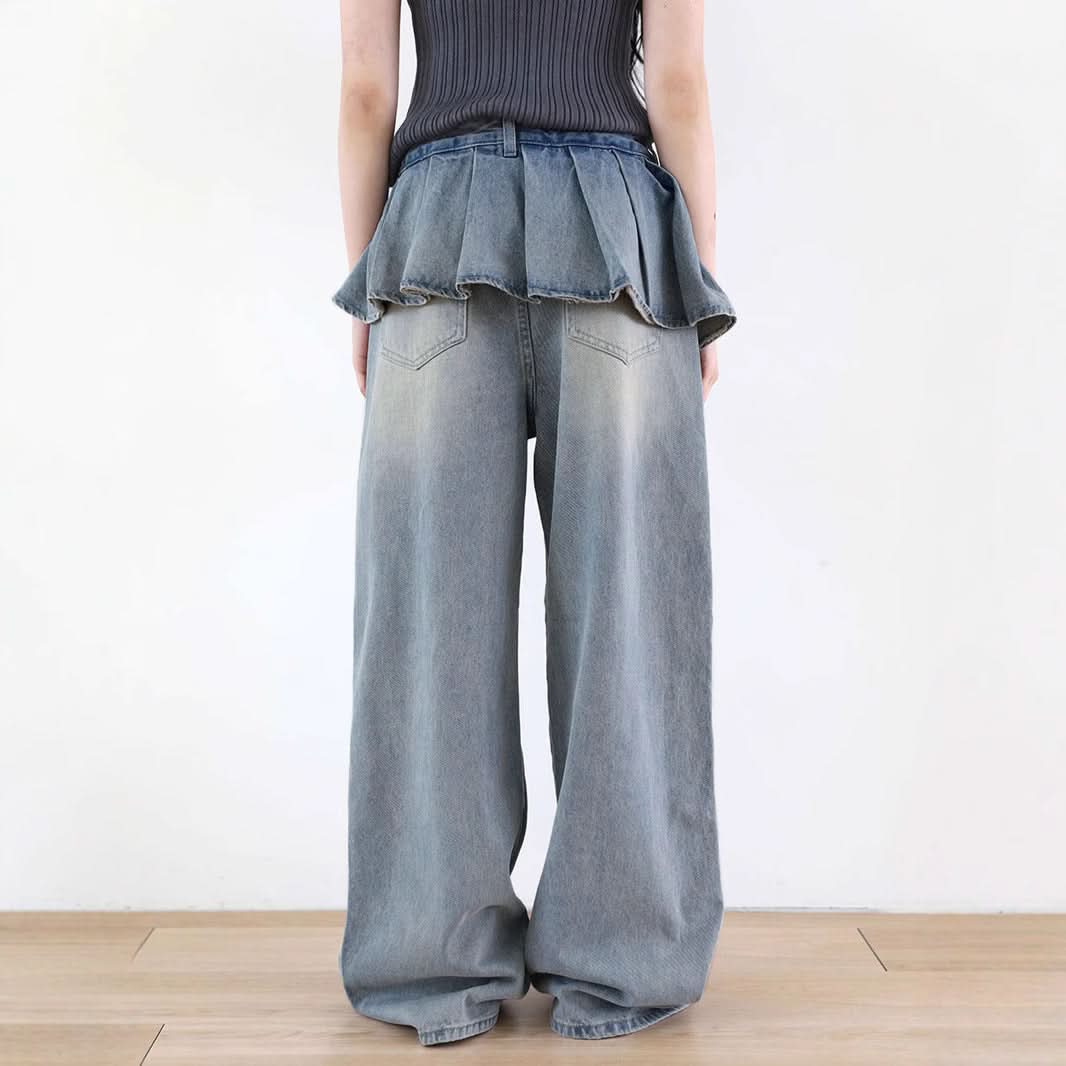Irregular pleated button contrast jeans