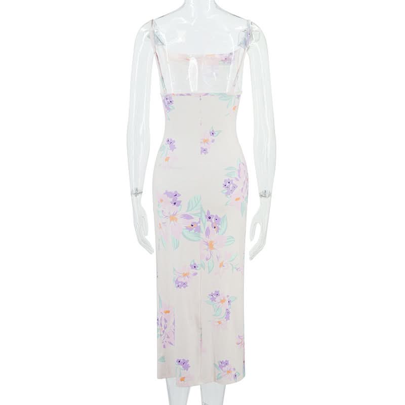 Ruched drawstring slit print cami midi dress