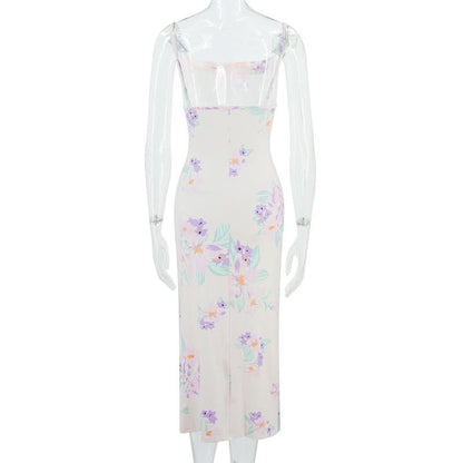 Ruched drawstring slit print cami midi dress