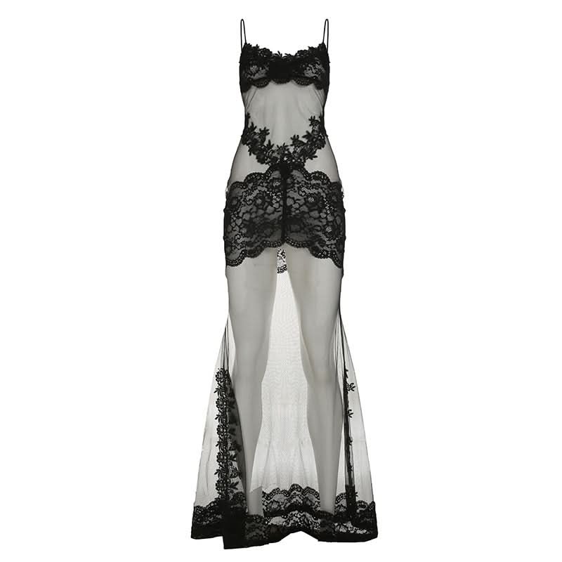 Lace hem v neck see through mesh cami maxi dress